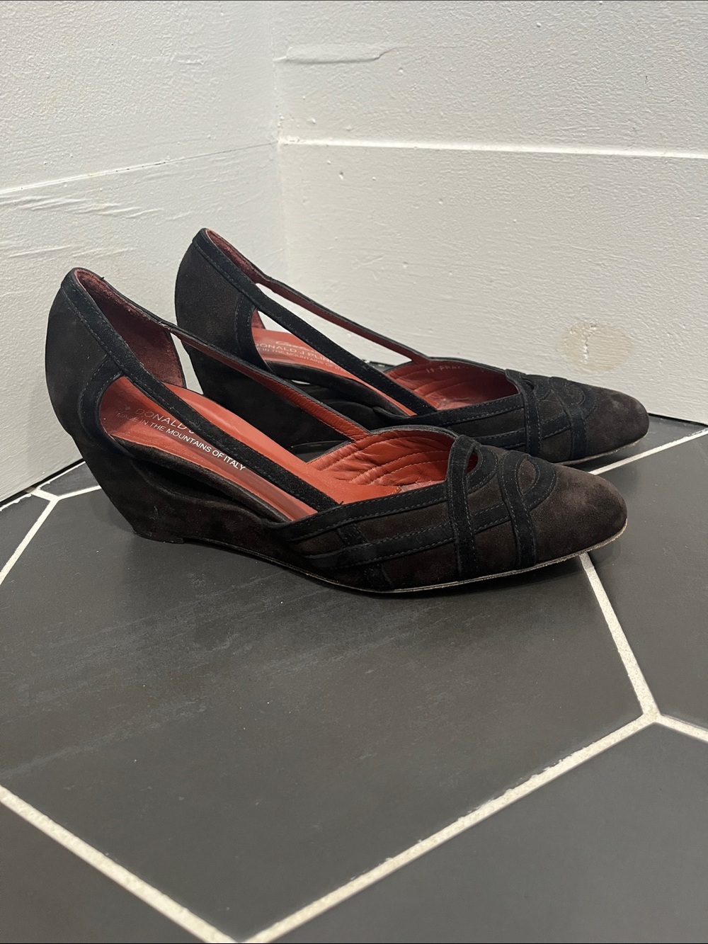 Couture Donald J. Pliner Black and Brown Suede Slingback Wedge Pumps